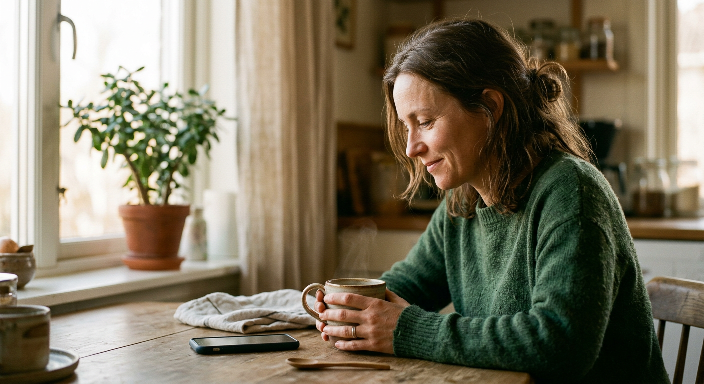A person at a kitchen table in early morning light, coffee in hand, reading quietly before the day begins.